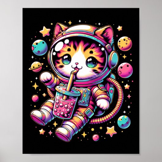 Grappige Astronaut Space Kawaii Boba Tea Cat Poster (Voorkant)