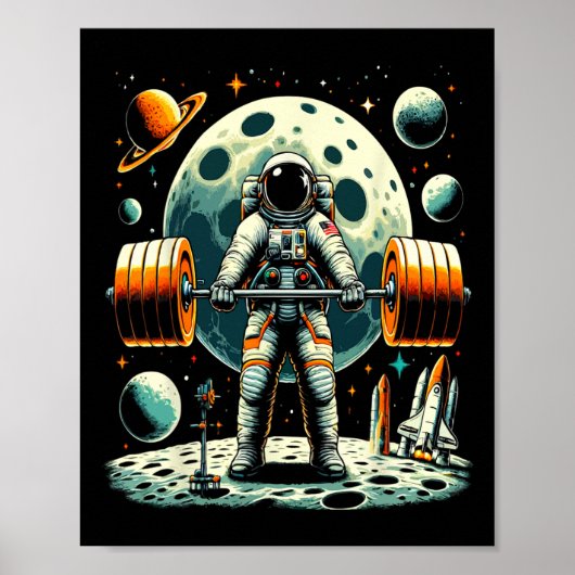 Grappige astronaut Spaceman Gewichtheffen Fitness Poster (Voorkant)