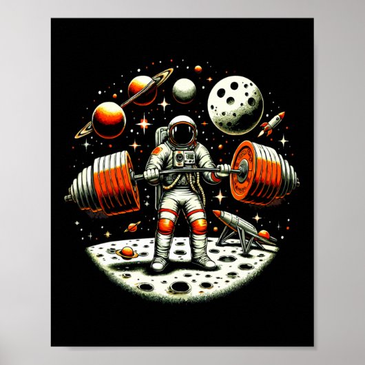 Grappige astronaut Spaceman Gewichtheffen Fitness  Poster (Voorkant)