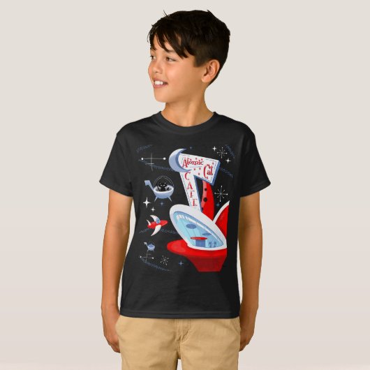 Grappige Atomic Cat Cafe Retro Futuristische Space T-shirt (Voorkant volledig)