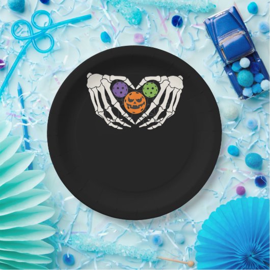 Grappige augurk Halloween Skelet Handen Hart Pompo Papieren Bordje (Feest)