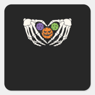 Grappige augurk Halloween Skelet Handen Hart Pompo Vierkante Sticker
