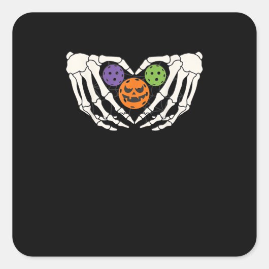 Grappige augurk Halloween Skelet Handen Hart Pompo Vierkante Sticker (Voorkant)