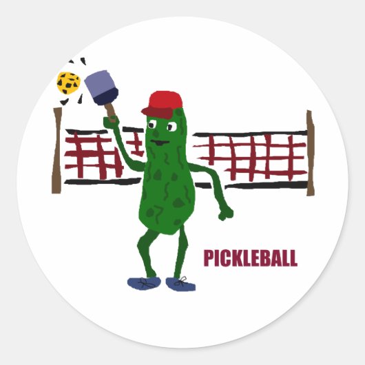 Grappige augurk spelen Pickleball met Net Art Ronde Sticker (Voorkant)
