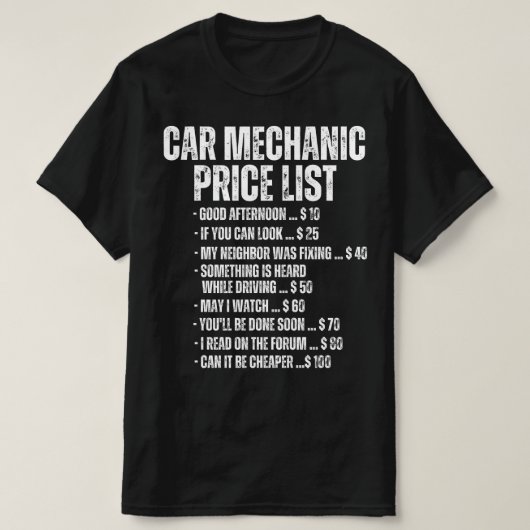 Grappige Automechanic Prijzenlijst T-shirt (Design voorkant)