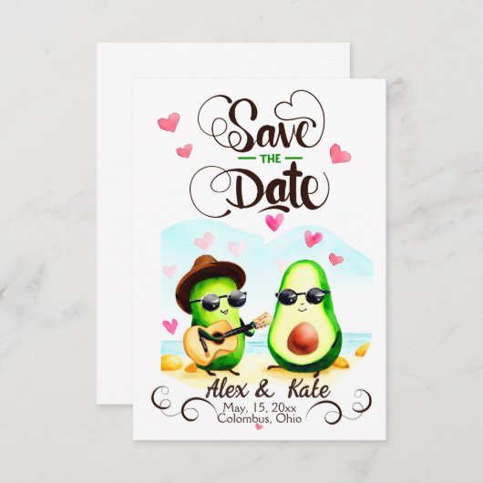 Grappige avocado paar groen save the date (Voorkant / Achterkant)