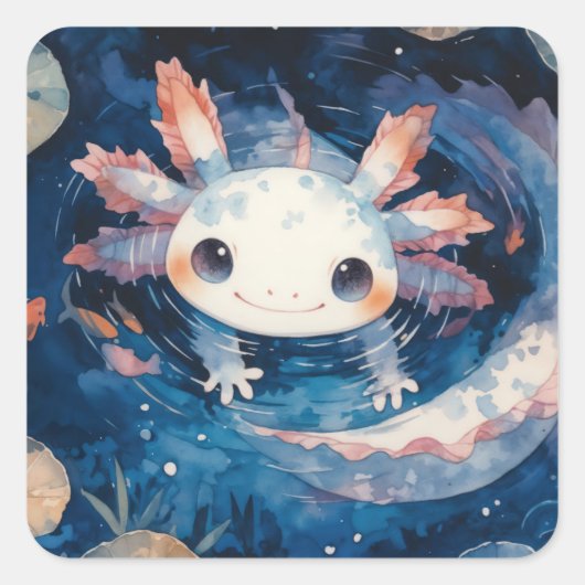 Grappige axolotl in maanverlichte wateren vierkante sticker (Voorkant)