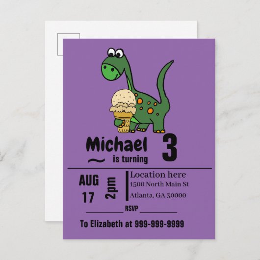 Grappige Baby dinosaurus en ijsje verjaardagsfeest Uitnodiging Briefkaart (Voorkant / Achterkant)