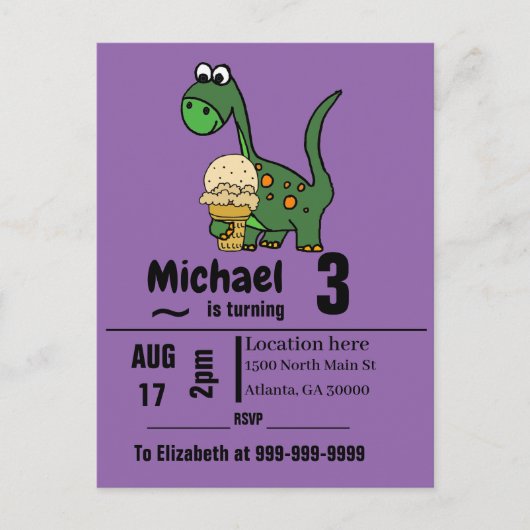 Grappige Baby dinosaurus en ijsje verjaardagsfeest Uitnodiging Briefkaart (Voorkant)