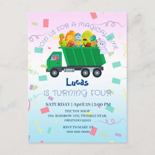 Grappige baby dinosaurus vuilniswagen Verjaardag N Briefkaart (Voorkant)