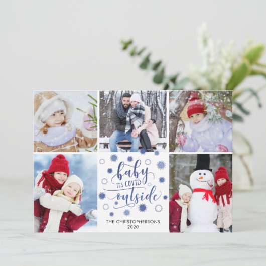 Grappige BABY ITS COVID BUITEN 5 foto's Blauw Feestdagenkaart (Staand voorkant)