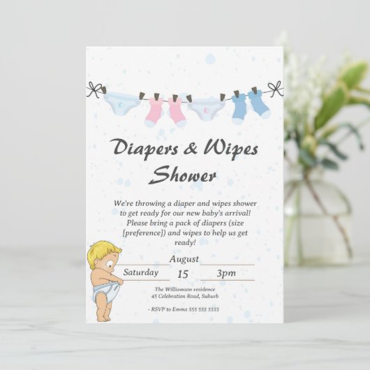 Grappige baby luiers en wisser shower uitnodiging (Staand voorkant)