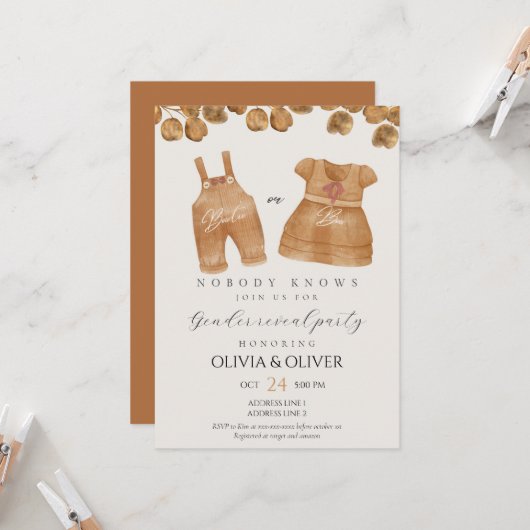 Grappige babykleding geslacht onthullen kaart (Voorkant / Achterkant in situ)