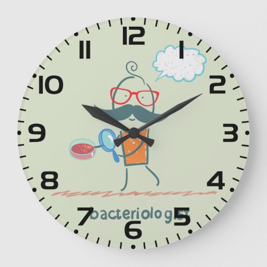 Grappige bacterioloog wetenschapper met grote snor grote klok (Voorkant)