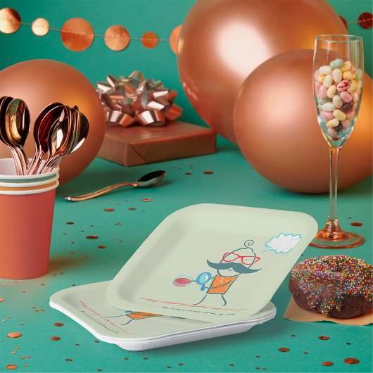 Grappige bacterioloog wetenschapper met grote snor papieren bordje