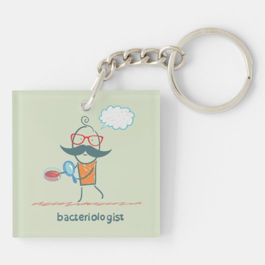 Grappige bacterioloog wetenschapper met grote snor sleutelhanger (Achterkant)