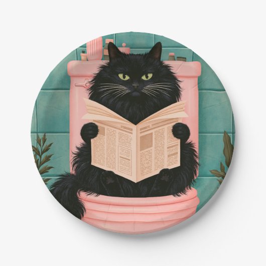 Grappige badkamer zwarte kat papieren bordje (Voorkant)