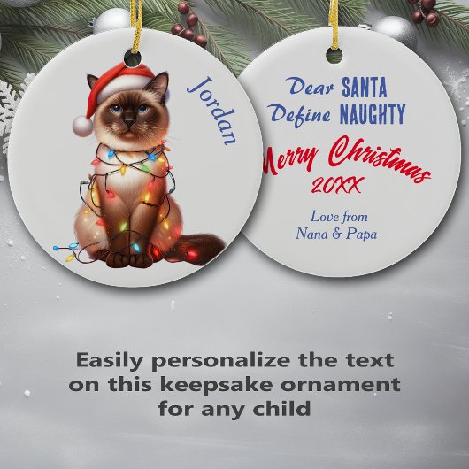 Grappige Balinese kat gewikkeld in Lichten Kerstmi Keramisch Ornament