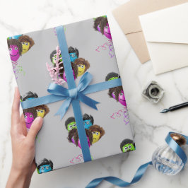 Grappige ballonengroep met mensen op een grijze ac cadeaupapier