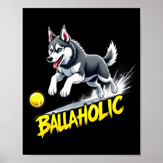 Grappige balverslaafde Siberische Husky hond jaagt Poster (Voorkant)