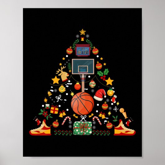 Grappige Basketbal Bal Hoop Kerstboom Merry Xm Poster (Voorkant)