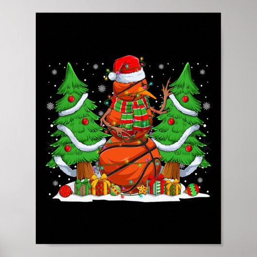 Grappige Basketbal Ballen Sneeuwman Kerstboom Lich Poster (Voorkant)