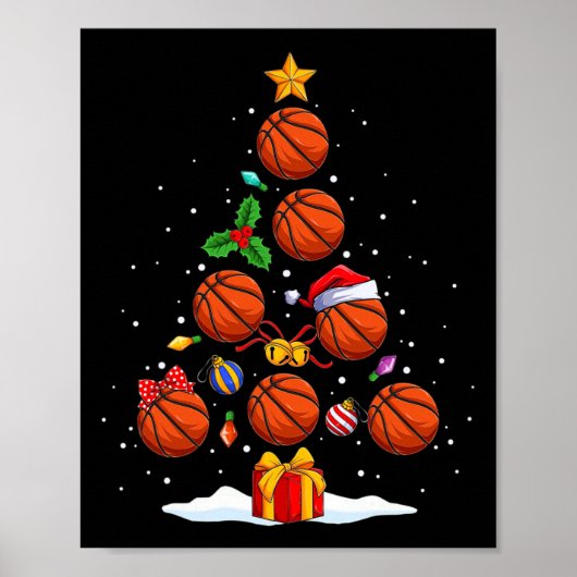 Grappige basketbal kerstboom verlichting Xmas voor Poster (Voorkant)