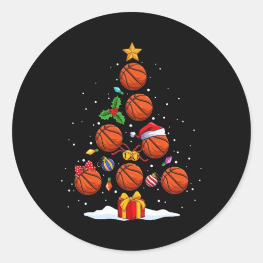 Grappige basketbal kerstboom verlichting Xmas voor Ronde Sticker (Voorkant)