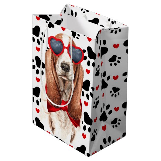 Grappige Basset Hound Dog Love Rode harten en pote Medium Cadeauzakje (Achterkant Gekanteld)