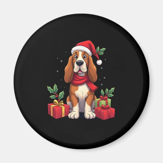 Grappige Basset Hound Hond Kerstoutfits Santa Hat Magneet (Voorkant)