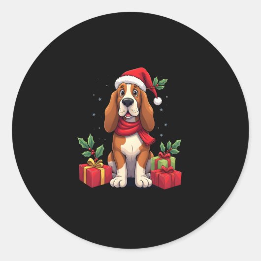 Grappige Basset Hound Hond Kerstoutfits Santa Hat Ronde Sticker (Voorkant)