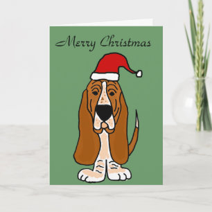 Grappige Basset Hound in Santa Hat Kerstkunst Feestdagen Kaart