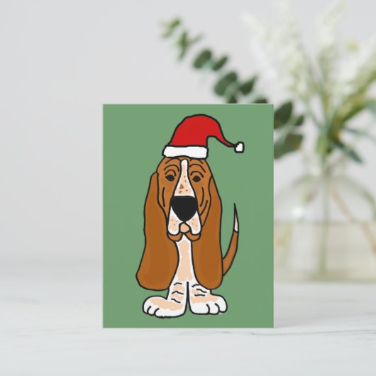Grappige Basset Hound in Santa Hat Kerstkunst Feestdagenkaart (Staand voorkant)