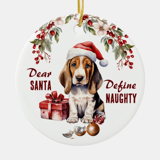 Grappige Basset Hound Puppy Definieer stoute kerst Keramisch Ornament (Voorkant)