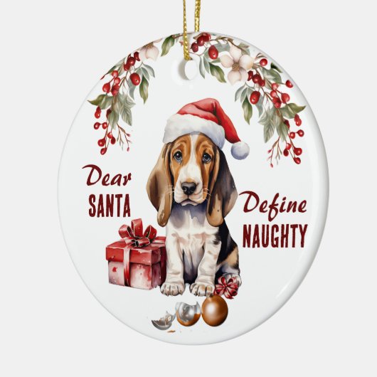 Grappige Basset Hound Puppy Definieer stoute kerst Keramisch Ornament (Links)