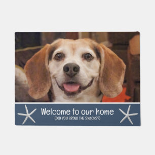 Grappige Beach Dog Foto Welkom Snacks Navy Blue Deurmat