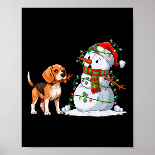 Grappige Beagle Hond Sneeuwman Kerstboom Lights XM Poster (Voorkant)