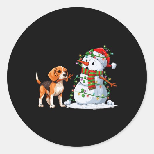 Grappige Beagle Hond Sneeuwman Kerstboom Lights XM Ronde Sticker (Voorkant)