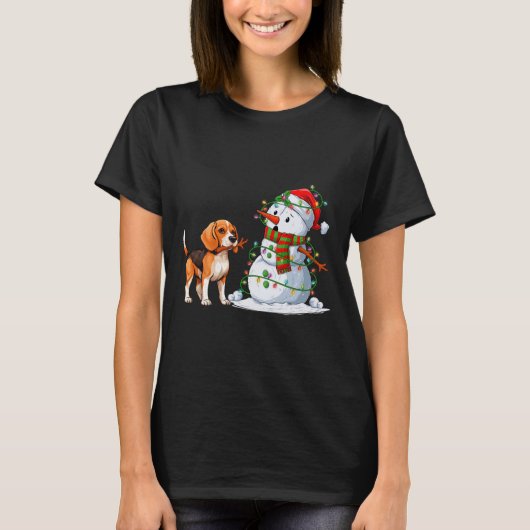 Grappige Beagle Hond Sneeuwman Kerstboom Lights XM T-shirt (Voorkant)