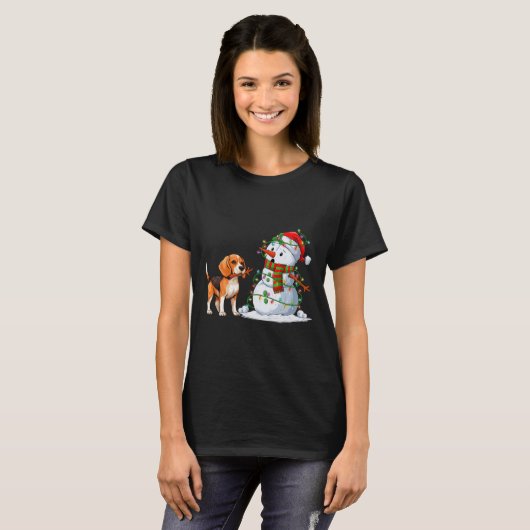 Grappige Beagle Hond Sneeuwman Kerstboom Lights XM T-shirt (Voorkant volledig)