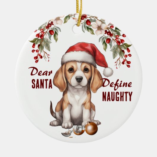 Grappige Beagle Puppy Definieer stoute kerst Keramisch Ornament (Voorkant)