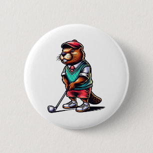 Grappige Beaver Golfer Knaagdier Golfen Sport Ronde Button 5,7 Cm