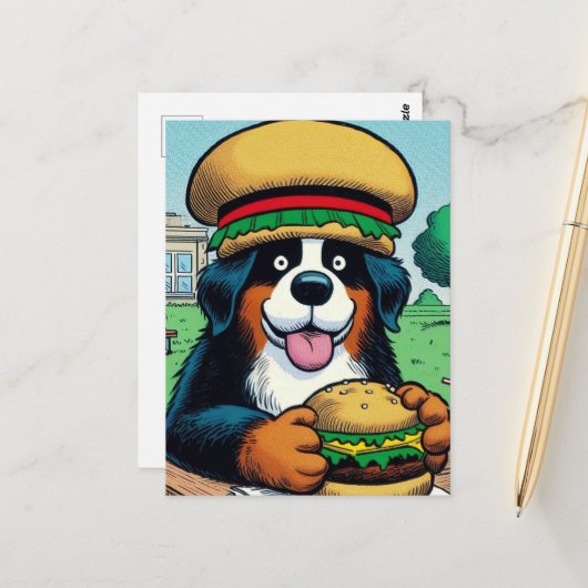 Grappige Berner Sennenhond met Cheeseburger Briefkaart (Voorkant / Achterkant in situ)