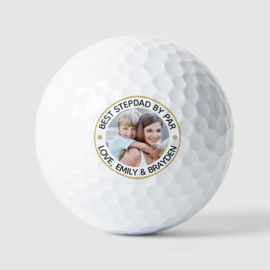 Grappige BEST STEPDAD BY PAR Foto Zwart Goud Golfballen (Voorkant)