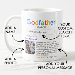 Grappige beste peetvader ooit zoekresultaat met fo koffiemok<br><div class="desc">Grappige mok voor peetvaders met een 'Godfather search'-logo en één zoekresultaat voor 'Best Godfather ever' (of een andere tekst),  met daarin de naam van je peetvader,  een foto,  een persoonlijk bericht en een 5-sterrenrating.</div>