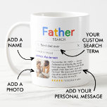 Grappige beste vader ooit zoekresultaten met foto koffiemok<br><div class="desc">Grappige mok voor vaders met een 'Father search'-logo en een enkel zoekresultaat voor "Best dad (or daddy or papa, etc.) ever", met de naam van je vader, een foto, je persoonlijke boodschap en een 5-sterrenclassificatie. Als je hulp nodig hebt bij het aanpassen van deze gegevens, stuur dan een bericht met...</div>