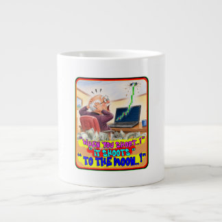 Grappige beurs handelaar short squeeze paniek teke grote koffiekop
