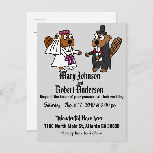 Grappige bever bruid en bruidegom bruiloft uitnodi uitnodiging briefkaart (Voorkant / Achterkant)