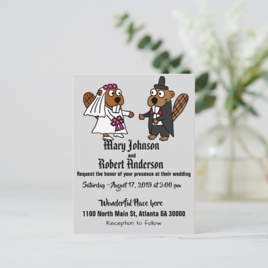Grappige bever bruid en bruidegom bruiloft uitnodi uitnodiging briefkaart (Staand voorkant)