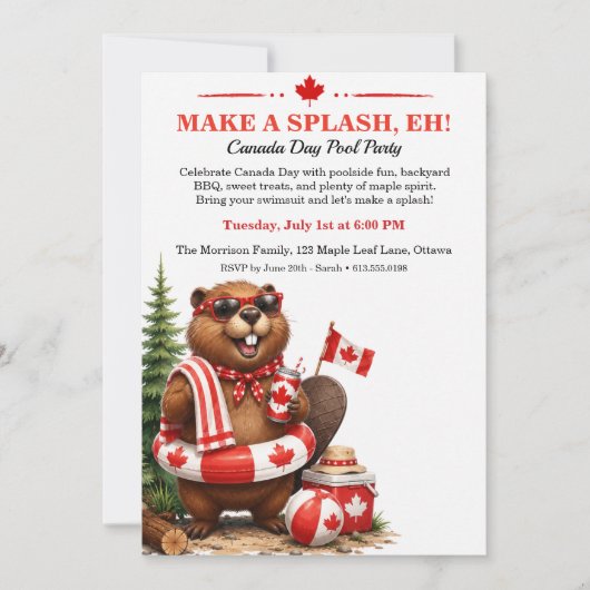 Grappige bever Canada Day zwembadfeest uitnodiging (Voorkant)